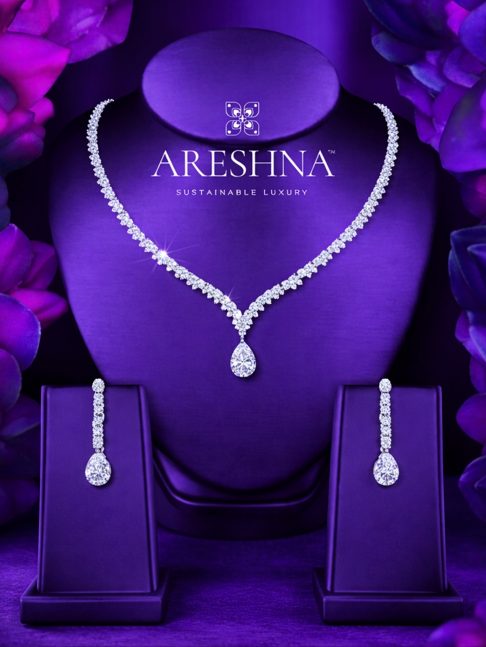 14K Gold Swarovski Bridal Wedding Teardrop 3Pcs Luxury Jewelry Set - Cathalina